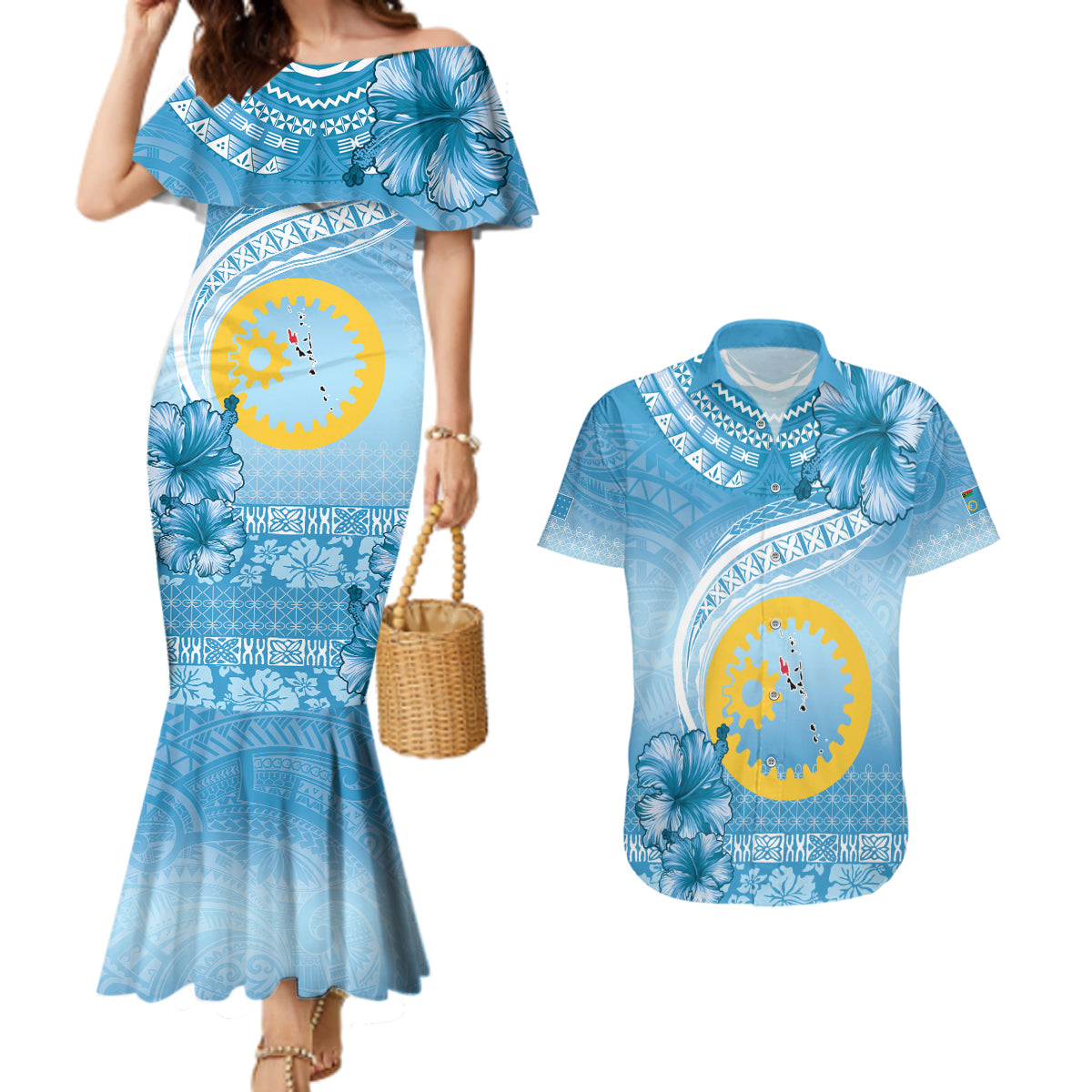 Sanma Vanuatu Couples Matching Mermaid Dress and Hawaiian Shirt Hibiscus Sand Drawing with Pacific Pattern