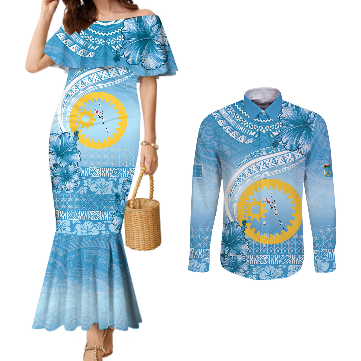 Sanma Vanuatu Couples Matching Mermaid Dress and Long Sleeve Button Shirt Hibiscus Sand Drawing with Pacific Pattern