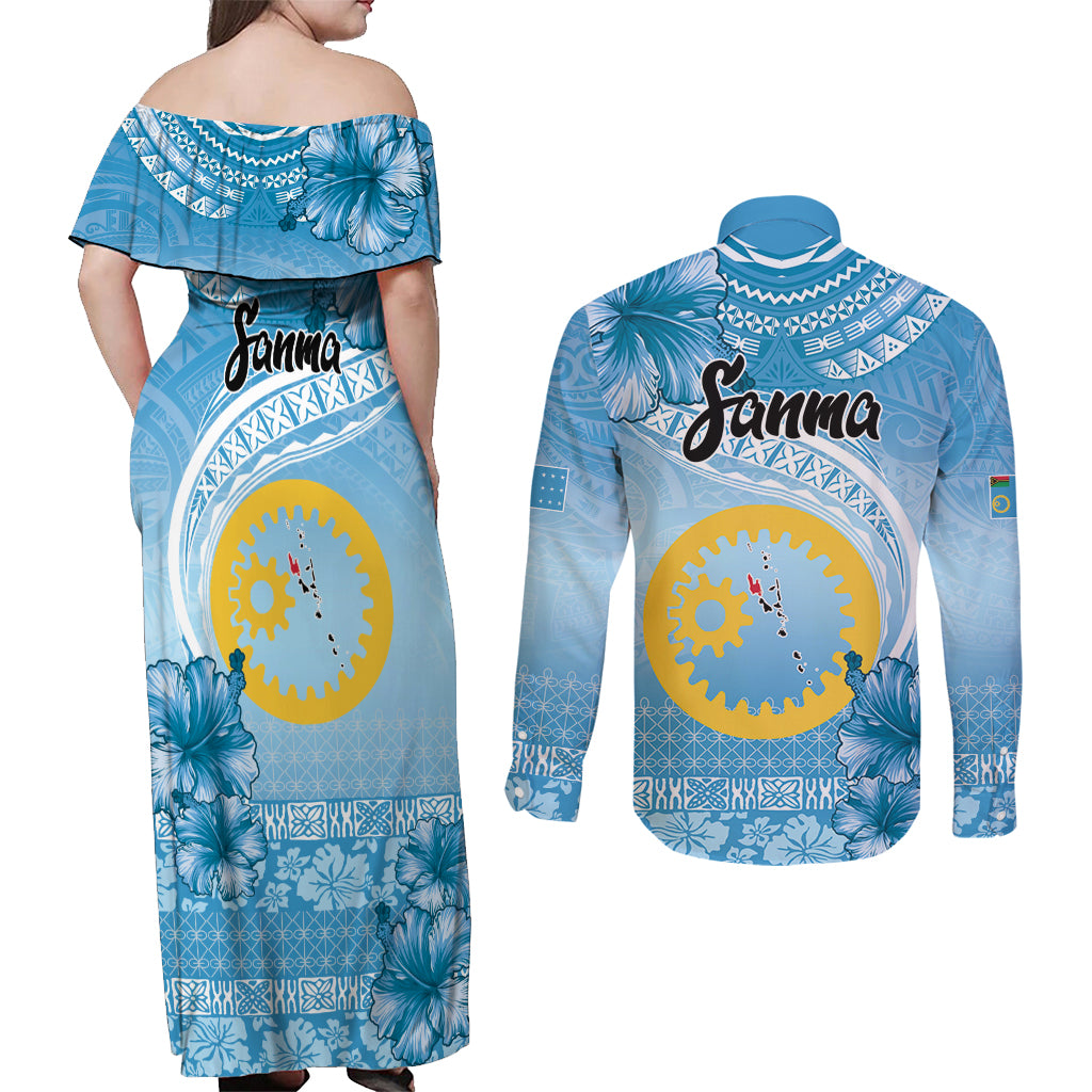 Sanma Vanuatu Couples Matching Off Shoulder Maxi Dress and Long Sleeve Button Shirt Hibiscus Sand Drawing with Pacific Pattern