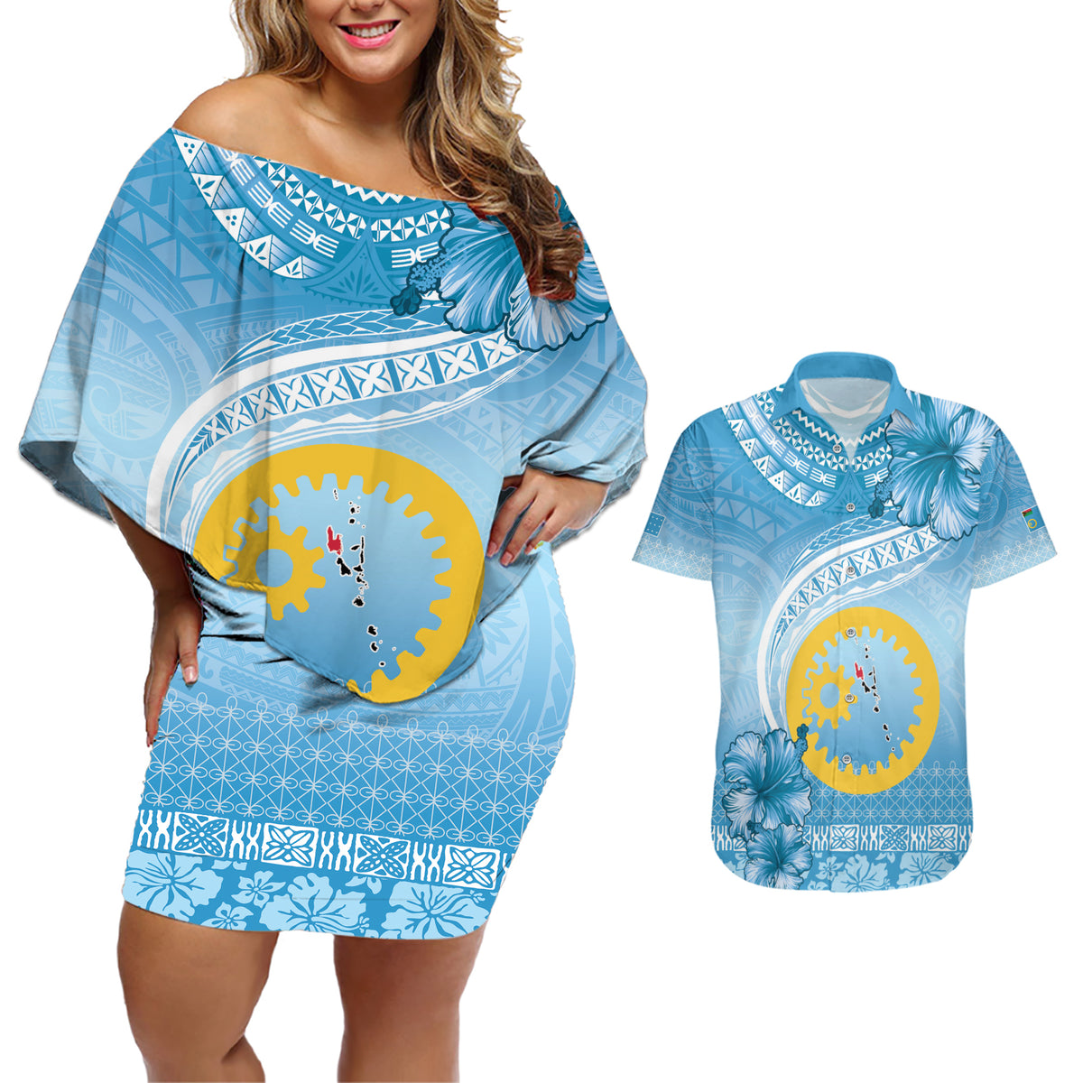 Sanma Vanuatu Couples Matching Off Shoulder Short Dress and Hawaiian Shirt Hibiscus Sand Drawing with Pacific Pattern