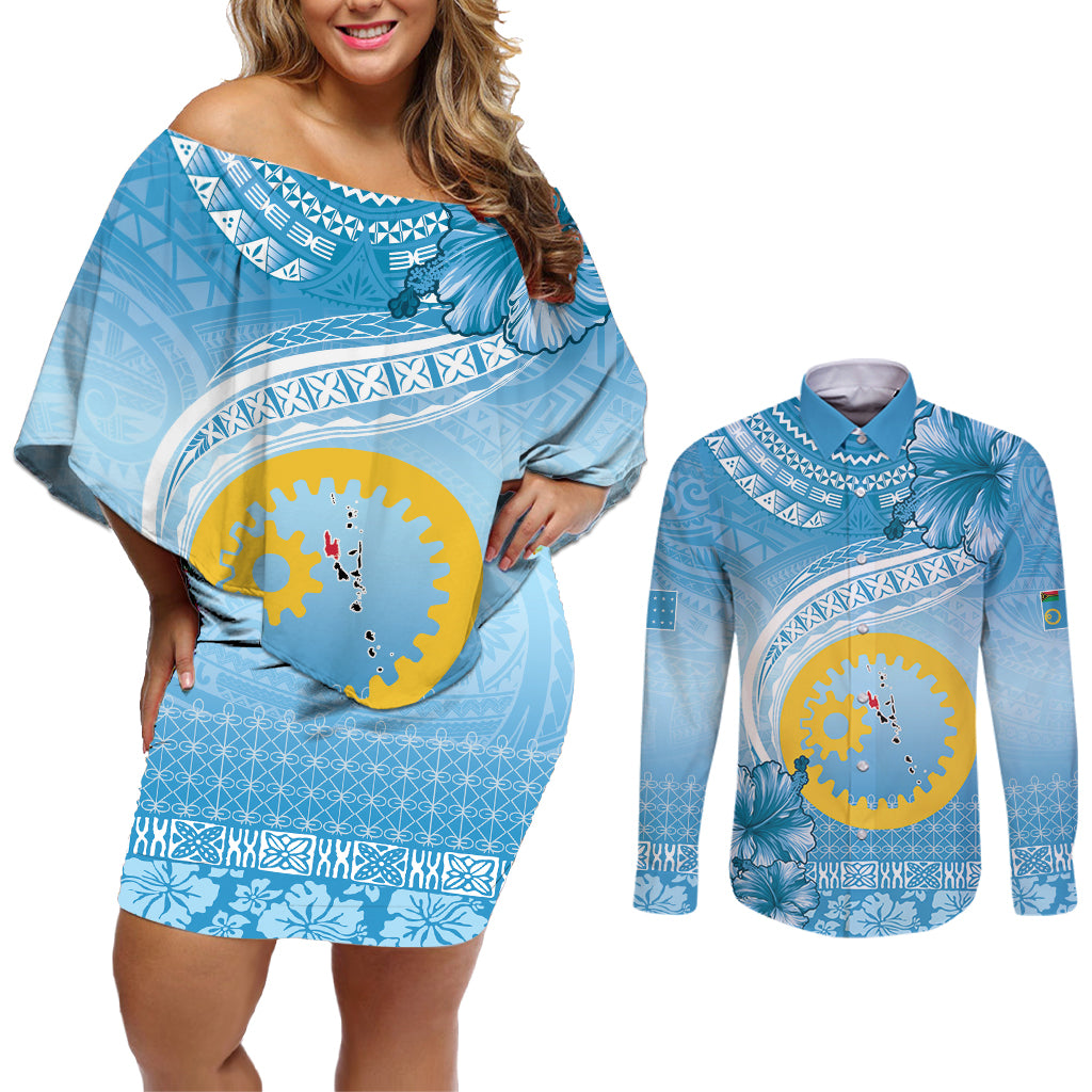 Sanma Vanuatu Couples Matching Off Shoulder Short Dress and Long Sleeve Button Shirt Hibiscus Sand Drawing with Pacific Pattern