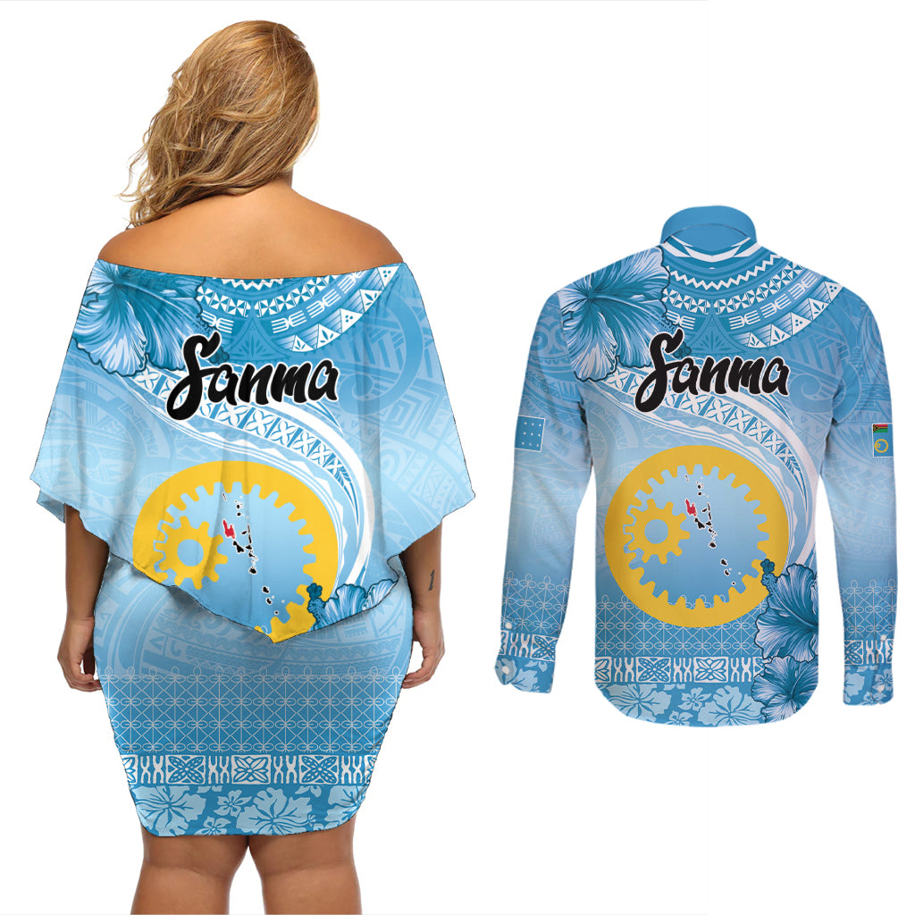 Sanma Vanuatu Couples Matching Off Shoulder Short Dress and Long Sleeve Button Shirt Hibiscus Sand Drawing with Pacific Pattern