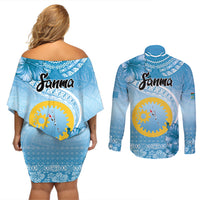 Sanma Vanuatu Couples Matching Off Shoulder Short Dress and Long Sleeve Button Shirt Hibiscus Sand Drawing with Pacific Pattern