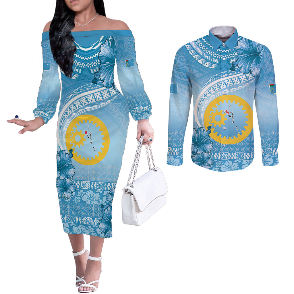 Sanma Vanuatu Couples Matching Off The Shoulder Long Sleeve Dress and Long Sleeve Button Shirt Hibiscus Sand Drawing with Pacific Pattern