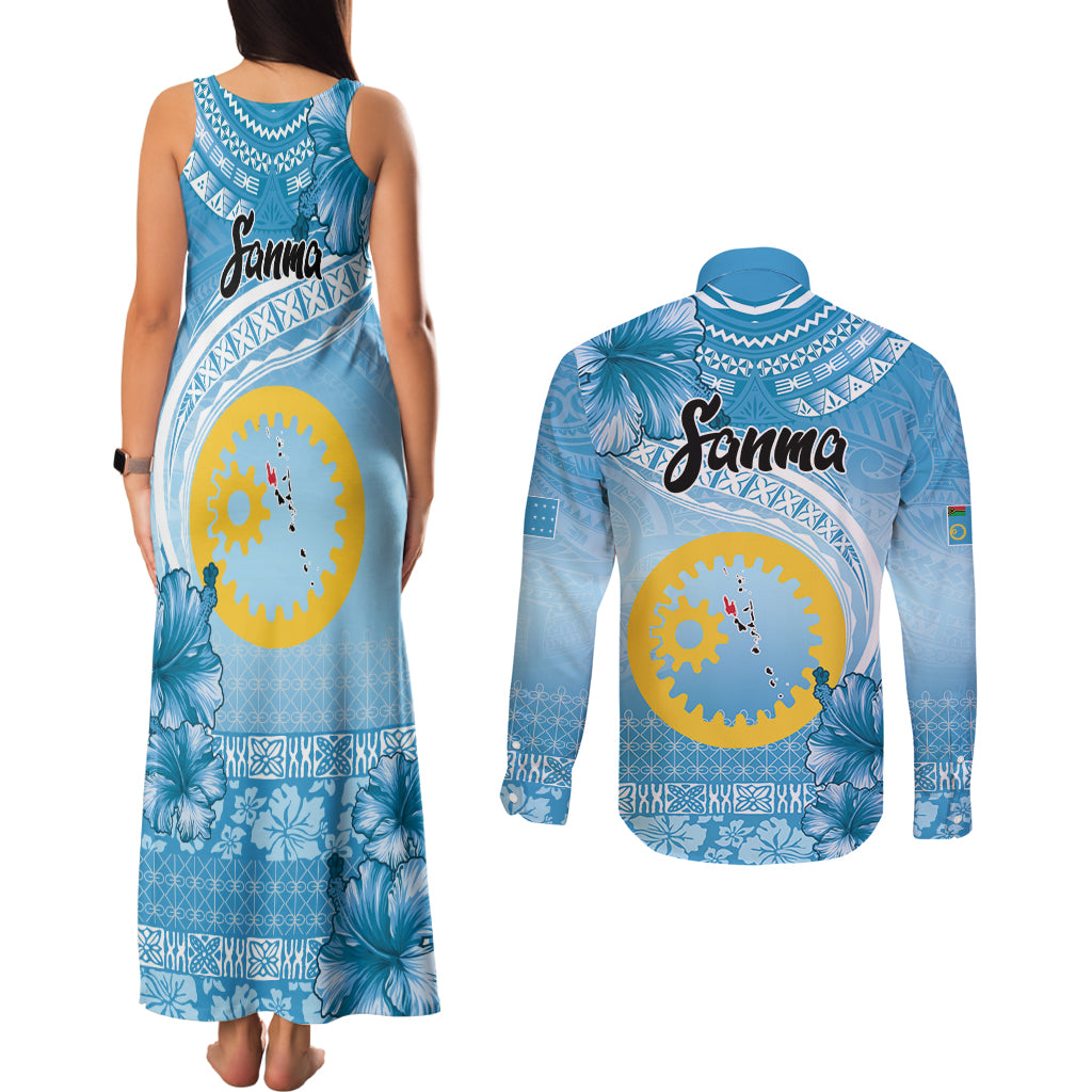 Sanma Vanuatu Couples Matching Tank Maxi Dress and Long Sleeve Button Shirt Hibiscus Sand Drawing with Pacific Pattern