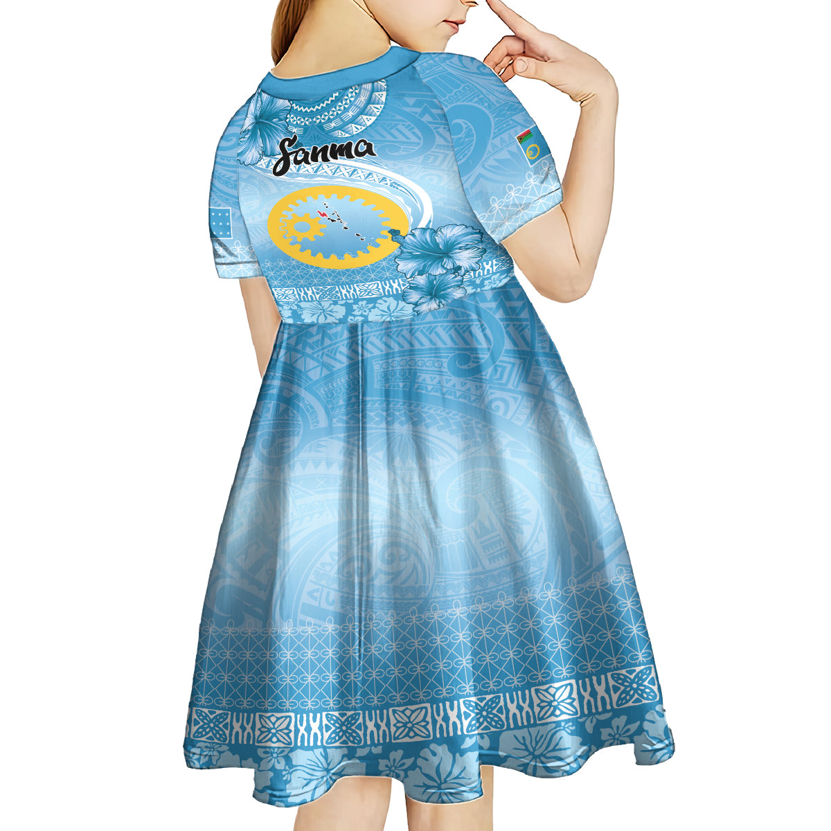 Sanma Vanuatu Kid Short Sleeve Dress Hibiscus Sand Drawing with Pacific Pattern