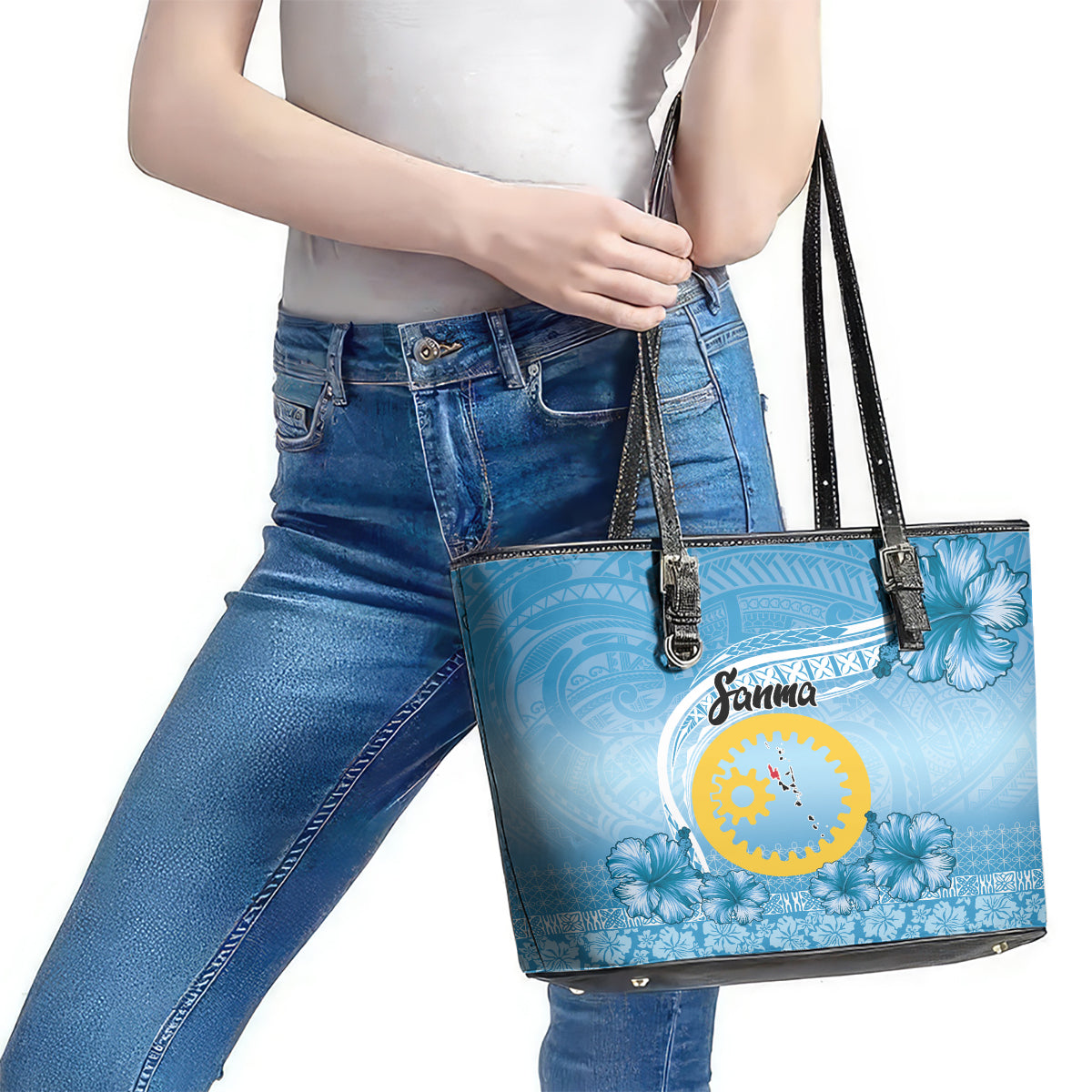 Sanma Vanuatu Leather Tote Bag Hibiscus Sand Drawing with Pacific Pattern