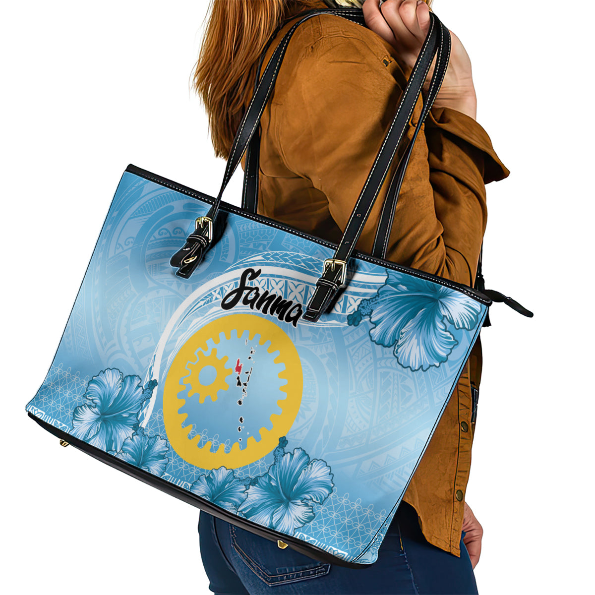 Sanma Vanuatu Leather Tote Bag Hibiscus Sand Drawing with Pacific Pattern
