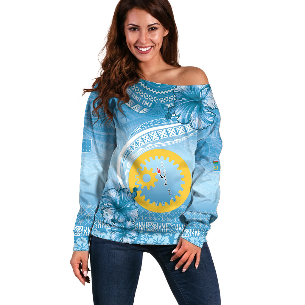 Sanma Vanuatu Off Shoulder Sweater Hibiscus Sand Drawing with Pacific Pattern