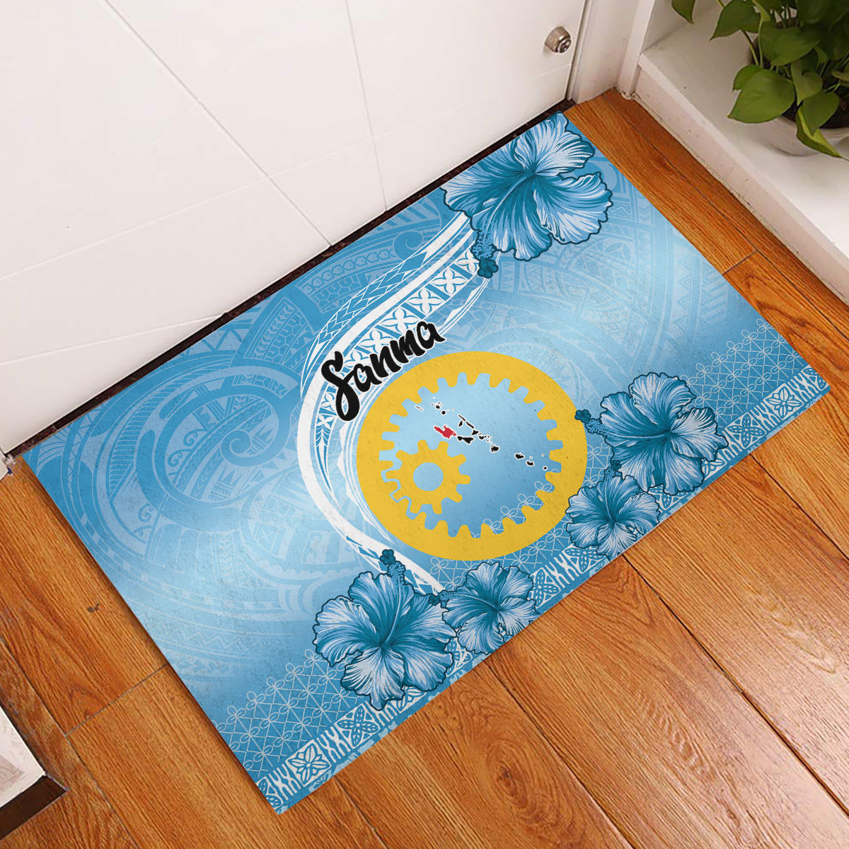 Sanma Vanuatu Rubber Doormat Hibiscus Sand Drawing with Pacific Pattern