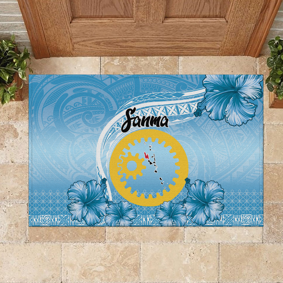 Sanma Vanuatu Rubber Doormat Hibiscus Sand Drawing with Pacific Pattern