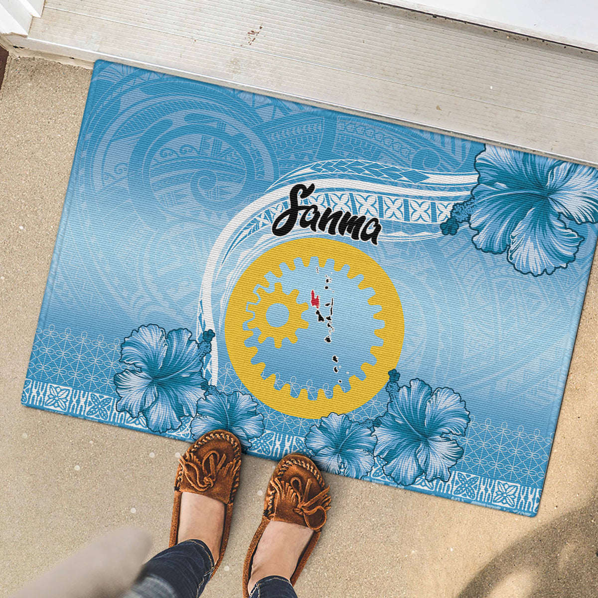 Sanma Vanuatu Rubber Doormat Hibiscus Sand Drawing with Pacific Pattern