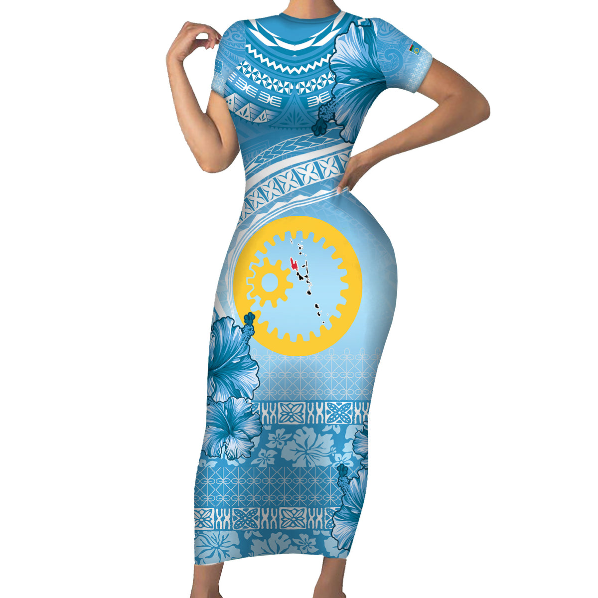 Sanma Vanuatu Short Sleeve Bodycon Dress Hibiscus Sand Drawing with Pacific Pattern LT9 Long Dress Blue Art - Polynesian Pride