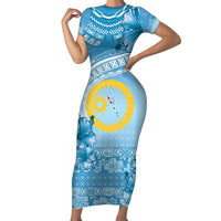 Sanma Vanuatu Short Sleeve Bodycon Dress Hibiscus Sand Drawing with Pacific Pattern LT9 Long Dress Blue Art - Polynesian Pride