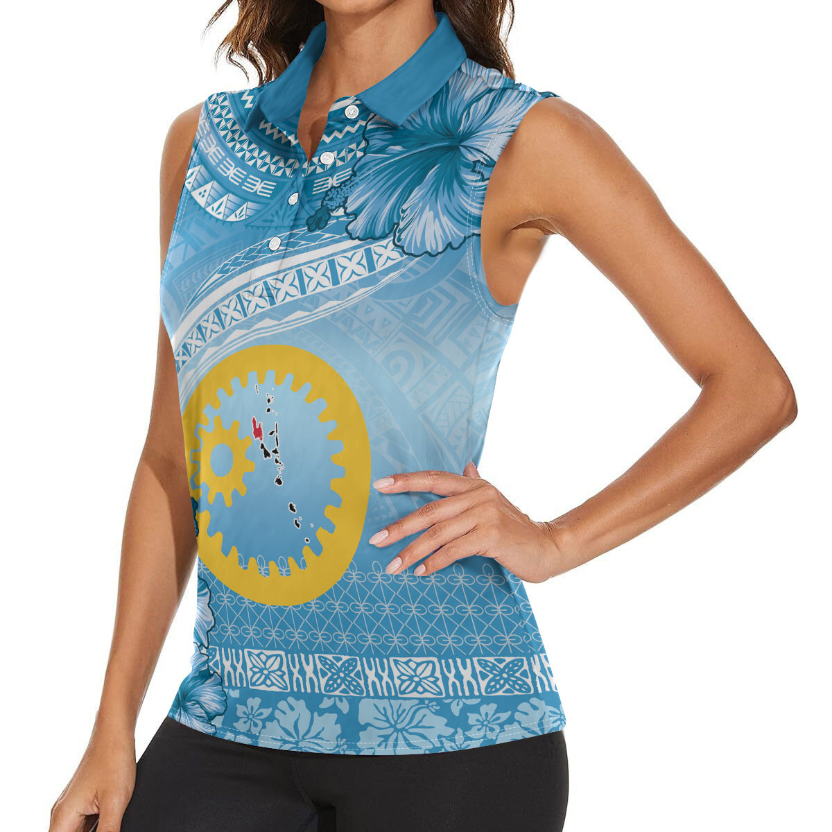 Sanma Vanuatu Women Sleeveless Polo Shirt Hibiscus Sand Drawing with Pacific Pattern
