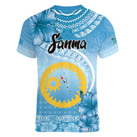 Sanma Vanuatu Women V-Neck T-Shirt Hibiscus Sand Drawing with Pacific Pattern