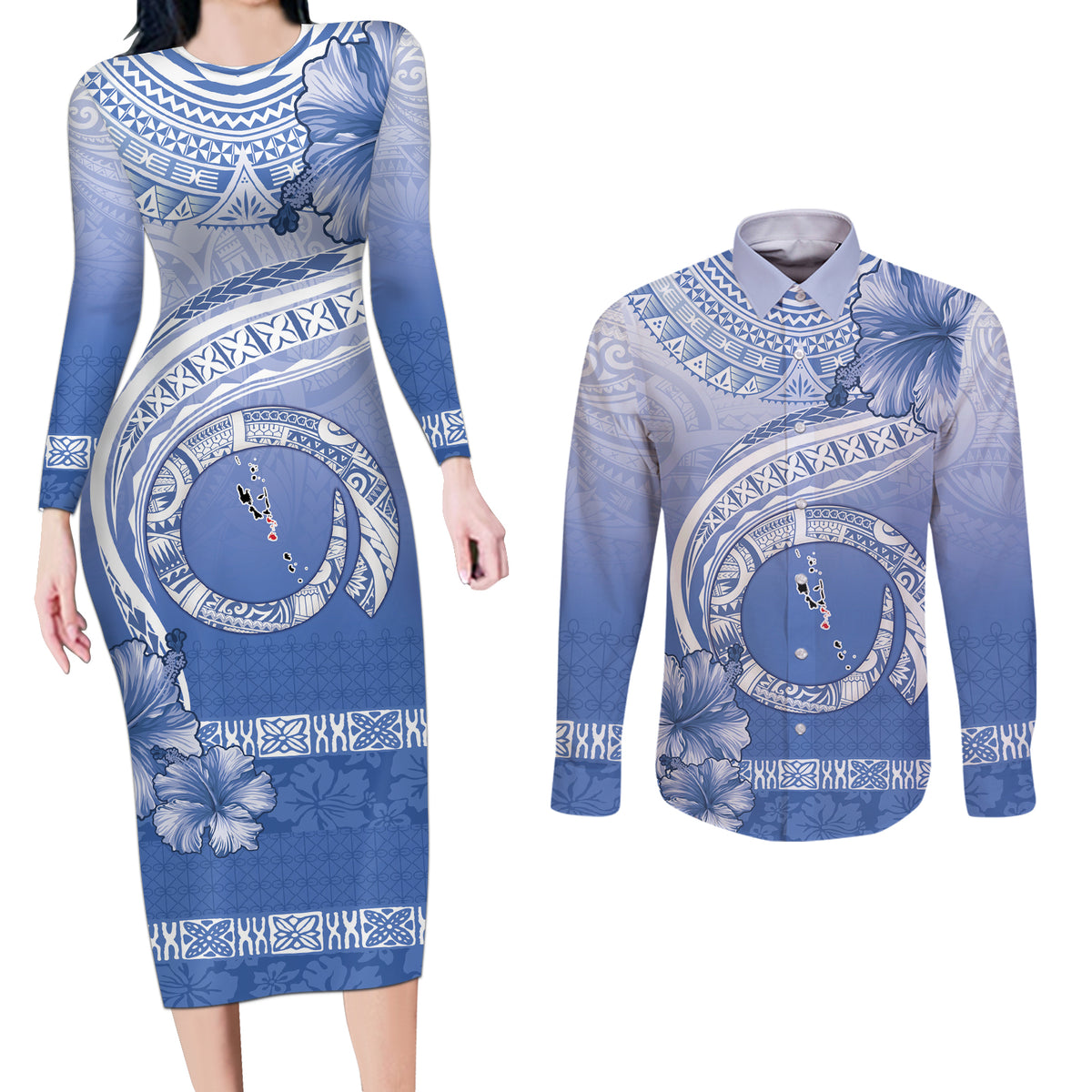 Shefa Vanuatu Couples Matching Long Sleeve Bodycon Dress and Long Sleeve Button Shirt Hibiscus Sand Drawing with Pacific Pattern