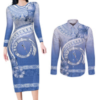 Shefa Vanuatu Couples Matching Long Sleeve Bodycon Dress and Long Sleeve Button Shirt Hibiscus Sand Drawing with Pacific Pattern