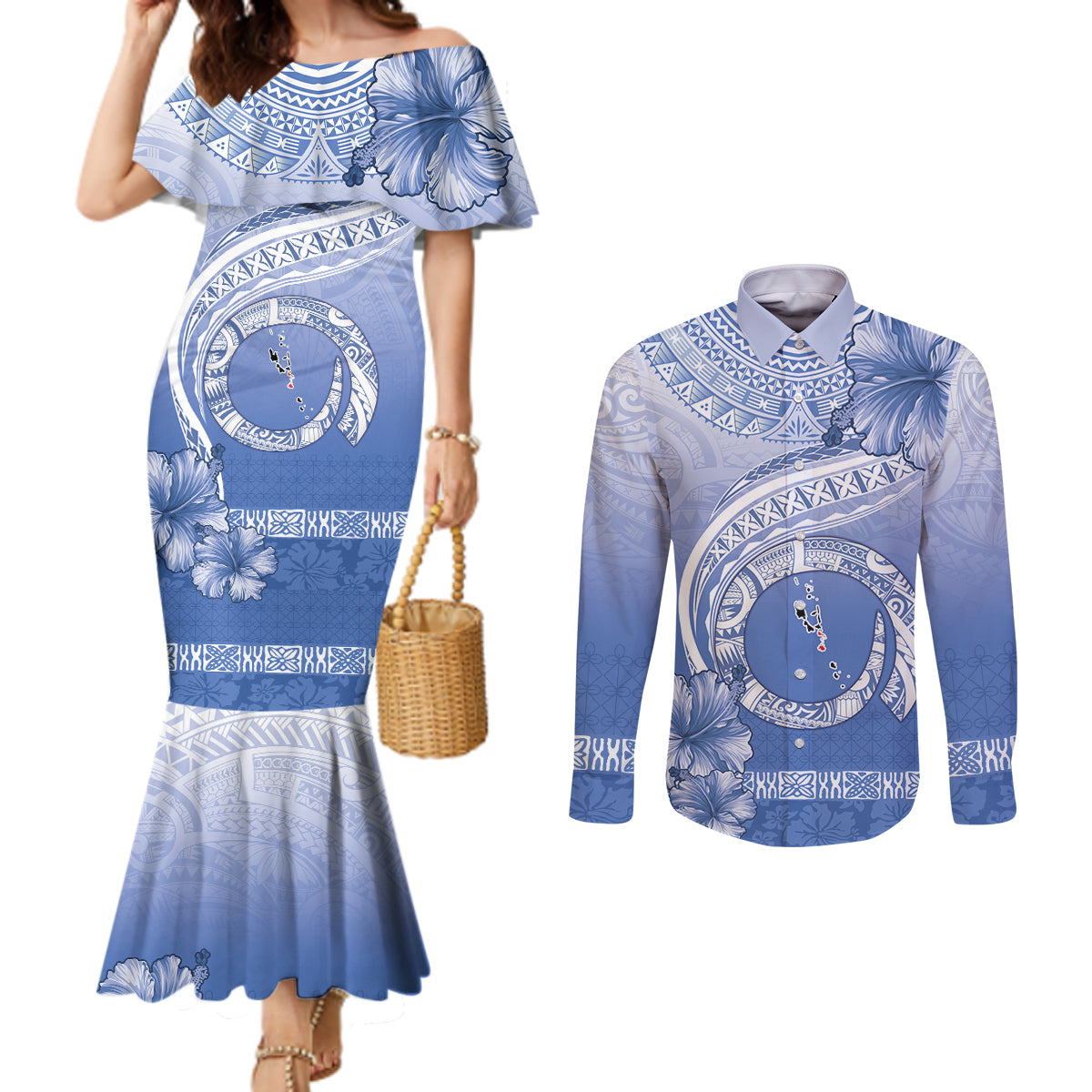 Shefa Vanuatu Couples Matching Mermaid Dress and Long Sleeve Button Shirt Hibiscus Sand Drawing with Pacific Pattern