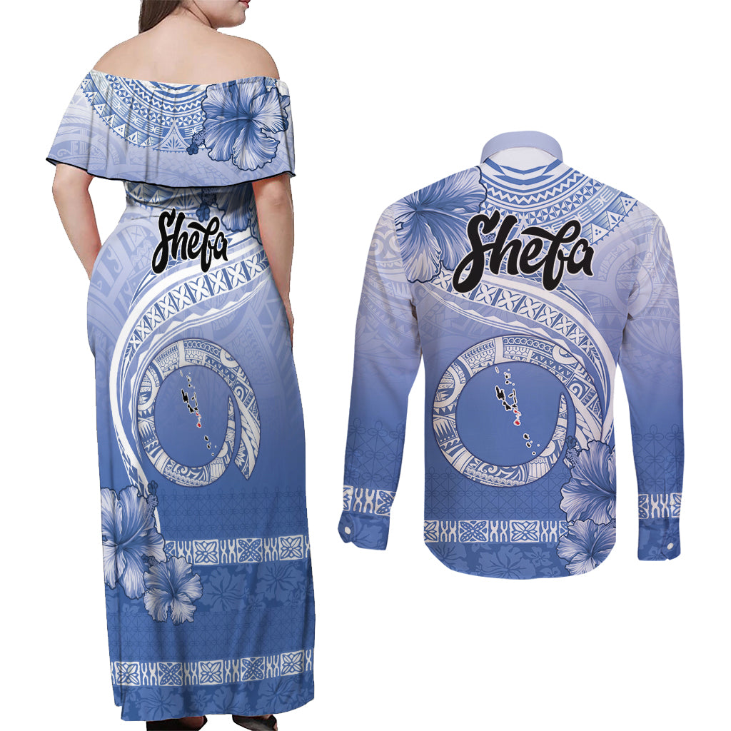 Shefa Vanuatu Couples Matching Off Shoulder Maxi Dress and Long Sleeve Button Shirt Hibiscus Sand Drawing with Pacific Pattern