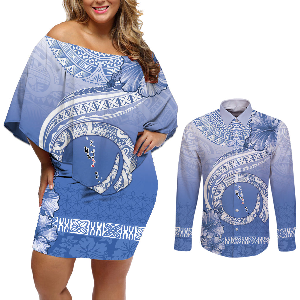 Shefa Vanuatu Couples Matching Off Shoulder Short Dress and Long Sleeve Button Shirt Hibiscus Sand Drawing with Pacific Pattern