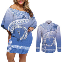 Shefa Vanuatu Couples Matching Off Shoulder Short Dress and Long Sleeve Button Shirt Hibiscus Sand Drawing with Pacific Pattern