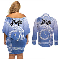 Shefa Vanuatu Couples Matching Off Shoulder Short Dress and Long Sleeve Button Shirt Hibiscus Sand Drawing with Pacific Pattern