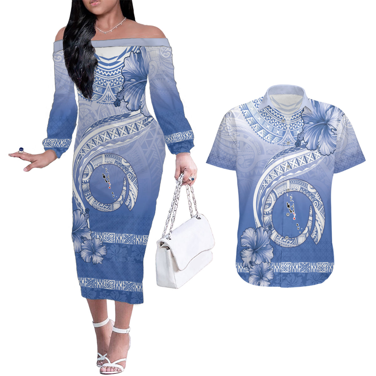 Shefa Vanuatu Couples Matching Off The Shoulder Long Sleeve Dress and Hawaiian Shirt Hibiscus Sand Drawing with Pacific Pattern