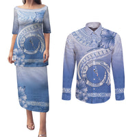 Shefa Vanuatu Couples Matching Puletasi and Long Sleeve Button Shirt Hibiscus Sand Drawing with Pacific Pattern