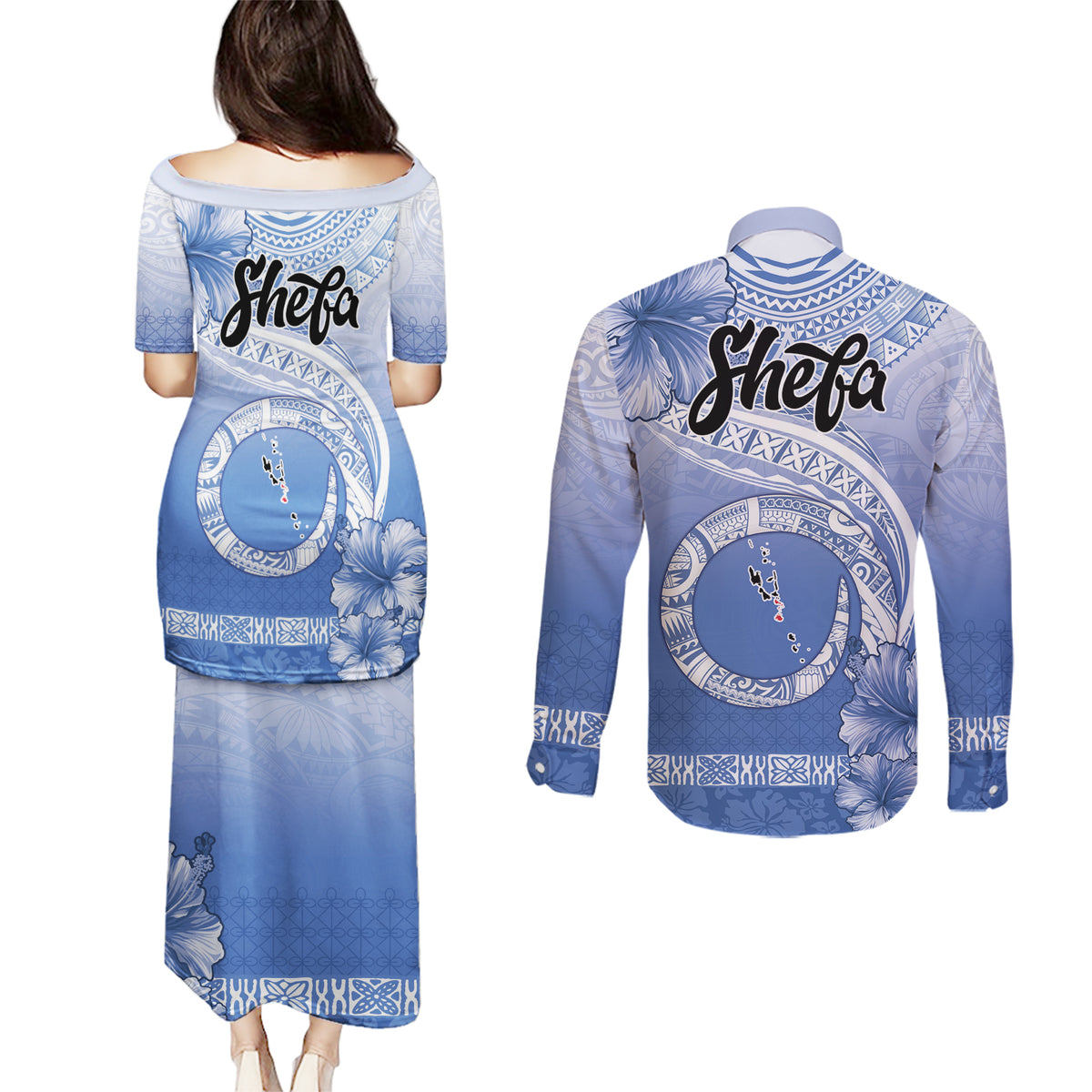 Shefa Vanuatu Couples Matching Puletasi and Long Sleeve Button Shirt Hibiscus Sand Drawing with Pacific Pattern