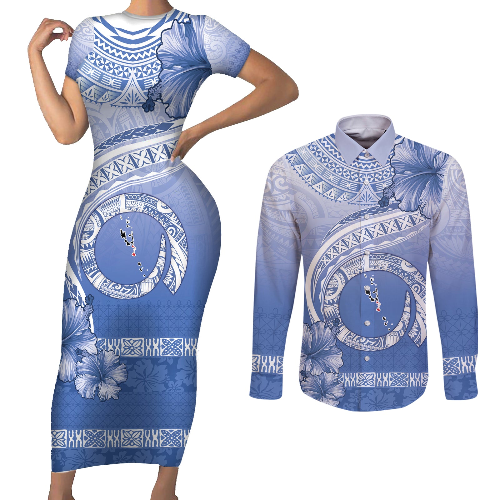 Shefa Vanuatu Couples Matching Short Sleeve Bodycon Dress and Long Sleeve Button Shirt Hibiscus Sand Drawing with Pacific Pattern