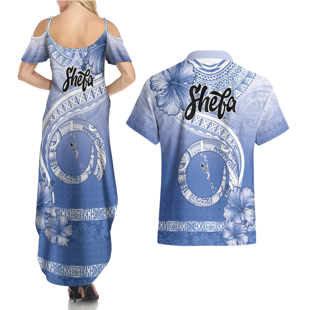 Shefa Vanuatu Couples Matching Summer Maxi Dress and Hawaiian Shirt Hibiscus Sand Drawing with Pacific Pattern