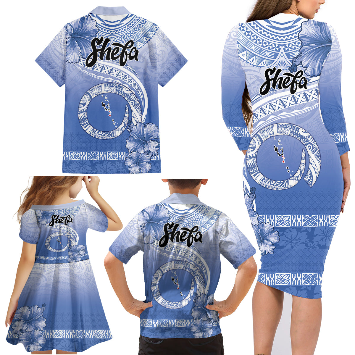 Shefa Vanuatu Family Matching Long Sleeve Bodycon Dress and Hawaiian Shirt Hibiscus Sand Drawing with Pacific Pattern