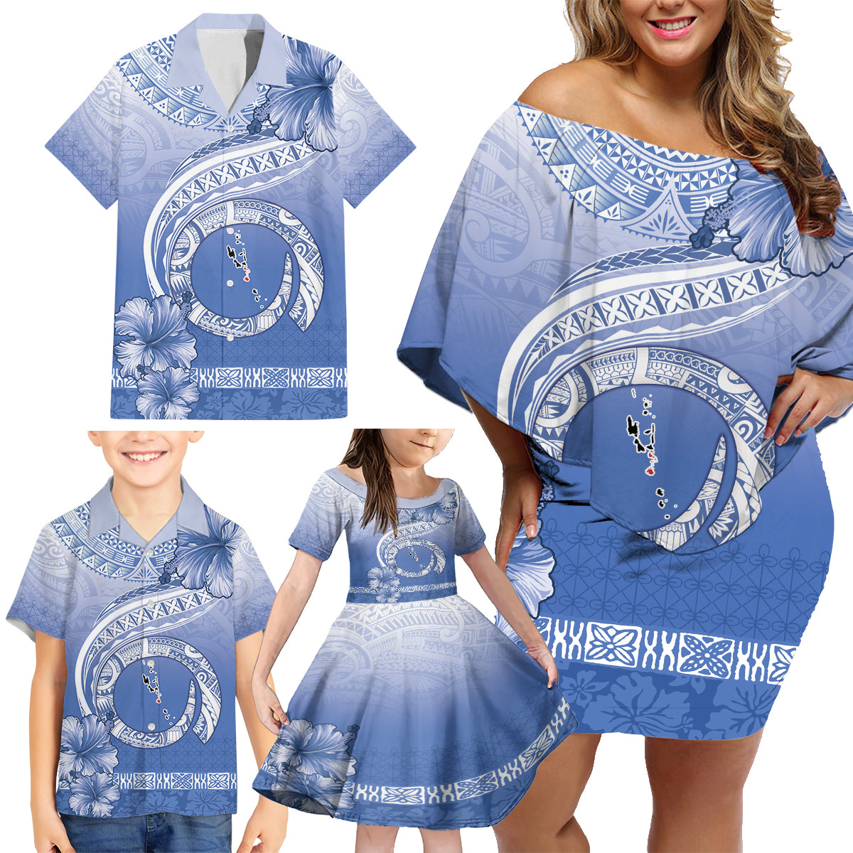 Shefa Vanuatu Family Matching Off Shoulder Short Dress and Hawaiian Shirt Hibiscus Sand Drawing with Pacific Pattern