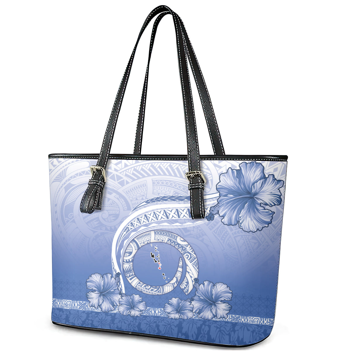 Shefa Vanuatu Leather Tote Bag Hibiscus Sand Drawing with Pacific Pattern