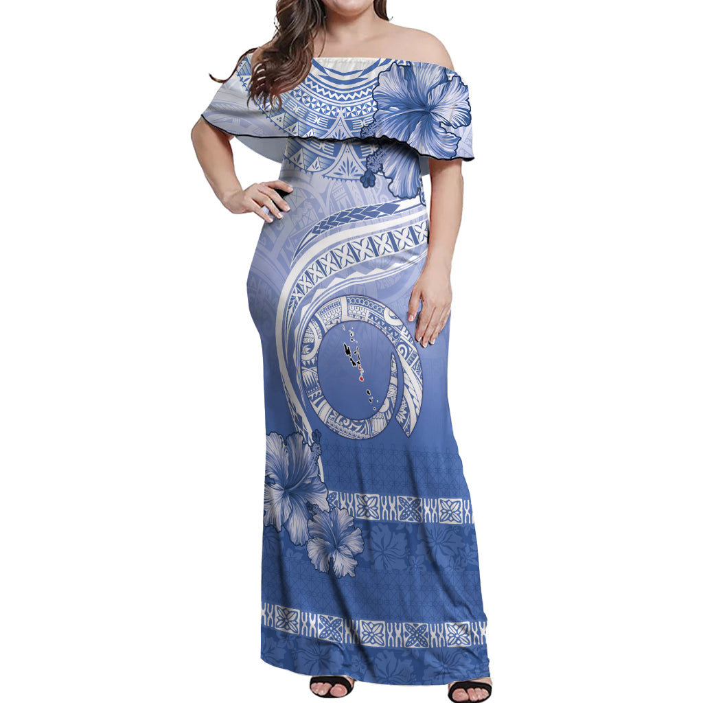 Shefa Vanuatu Off Shoulder Maxi Dress Hibiscus Sand Drawing with Pacific Pattern