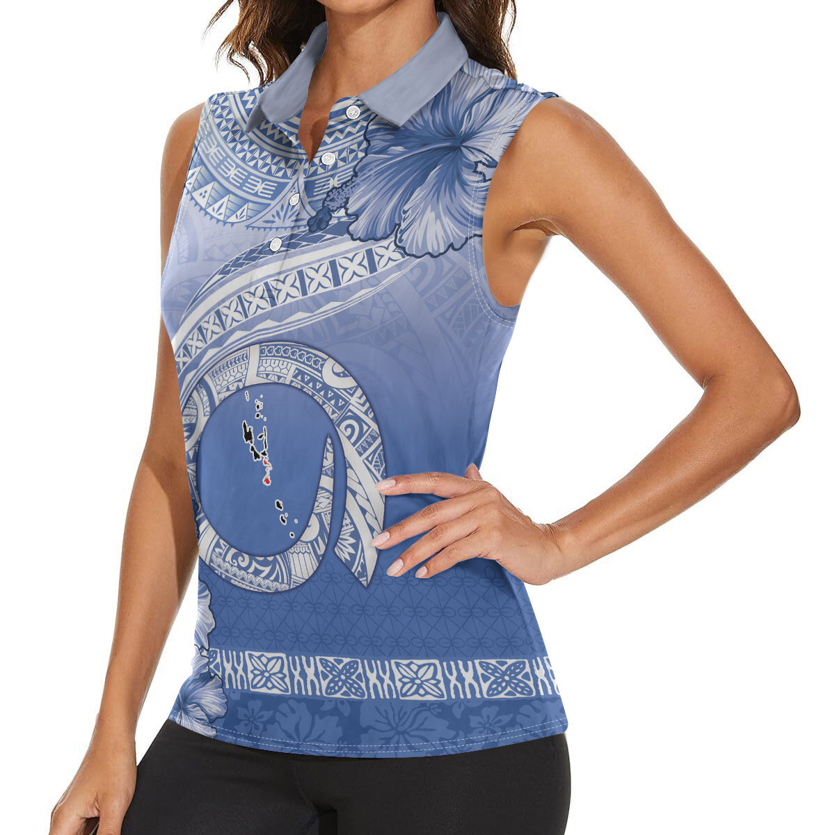 Shefa Vanuatu Women Sleeveless Polo Shirt Hibiscus Sand Drawing with Pacific Pattern