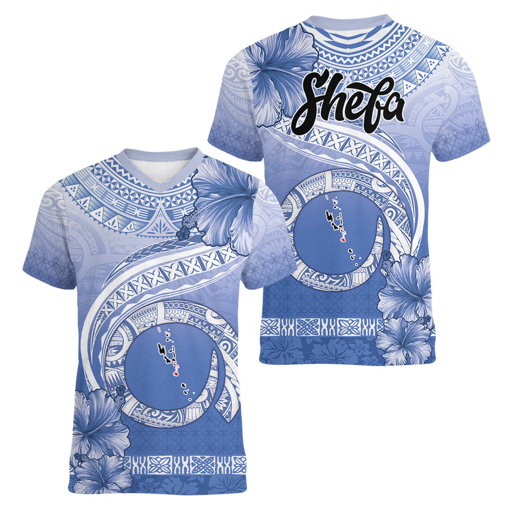 Shefa Vanuatu Women V-Neck T-Shirt Hibiscus Sand Drawing with Pacific Pattern