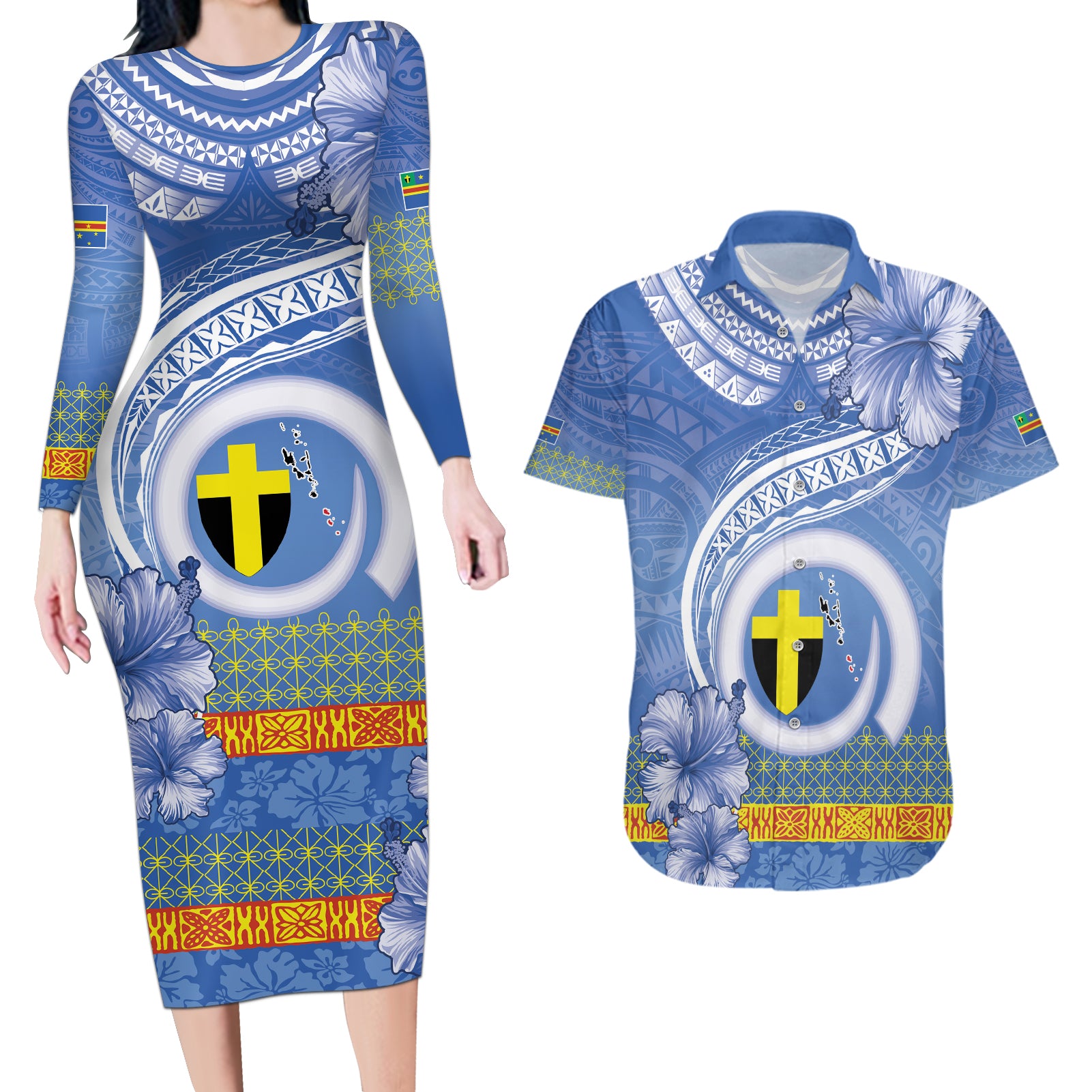 Tafea Vanuatu Couples Matching Long Sleeve Bodycon Dress and Hawaiian Shirt Hibiscus Sand Drawing with Pacific Pattern