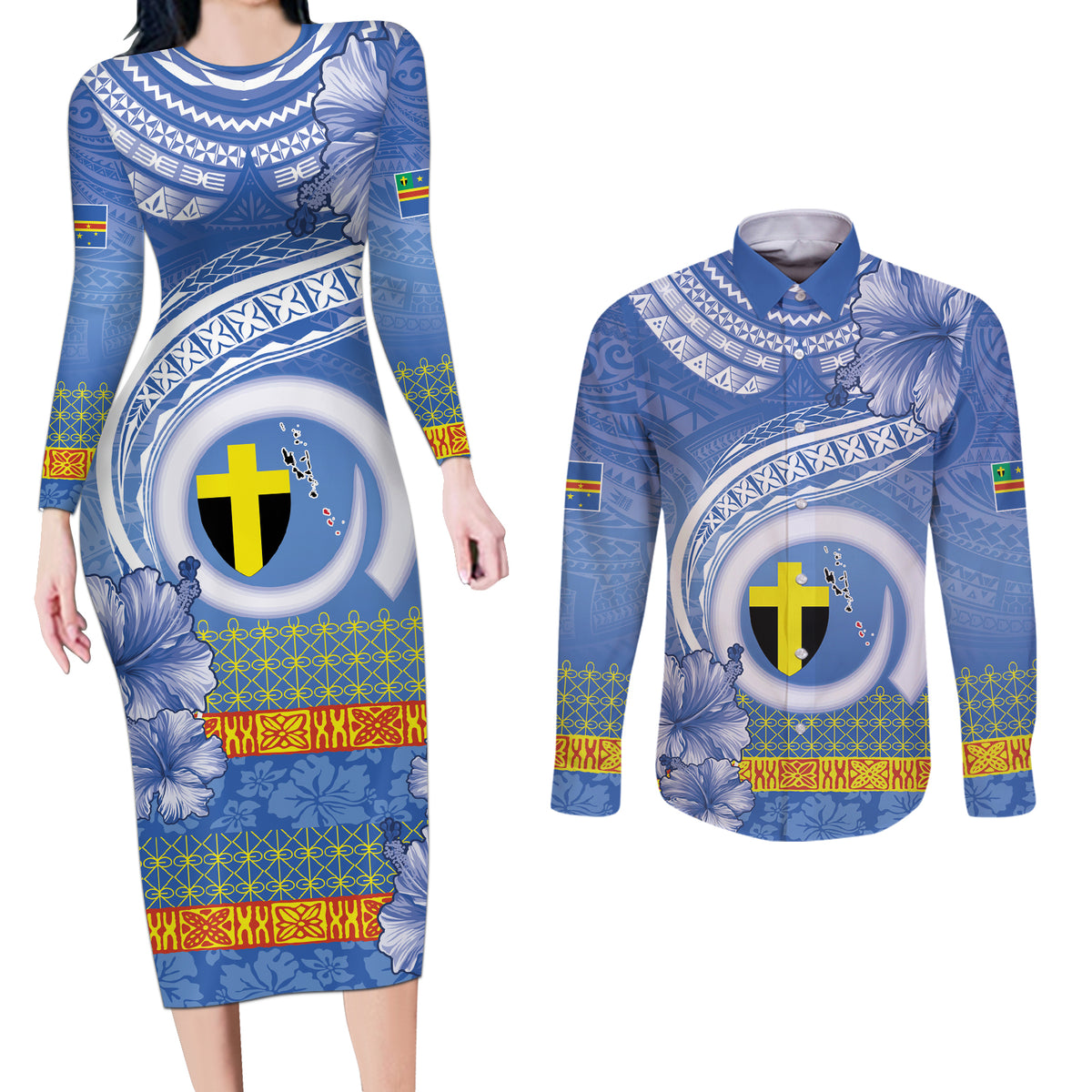 Tafea Vanuatu Couples Matching Long Sleeve Bodycon Dress and Long Sleeve Button Shirt Hibiscus Sand Drawing with Pacific Pattern