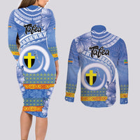 Tafea Vanuatu Couples Matching Long Sleeve Bodycon Dress and Long Sleeve Button Shirt Hibiscus Sand Drawing with Pacific Pattern