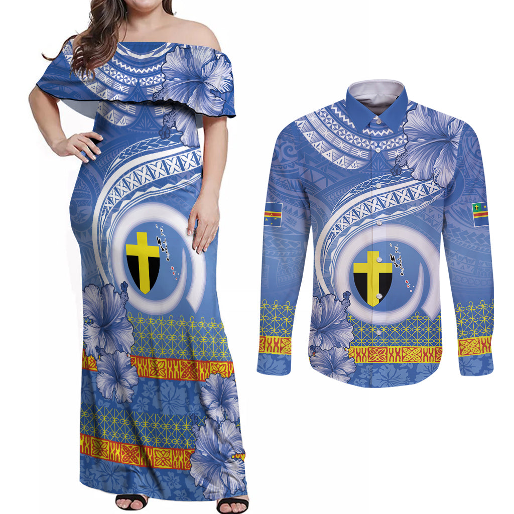 Tafea Vanuatu Couples Matching Off Shoulder Maxi Dress and Long Sleeve Button Shirt Hibiscus Sand Drawing with Pacific Pattern