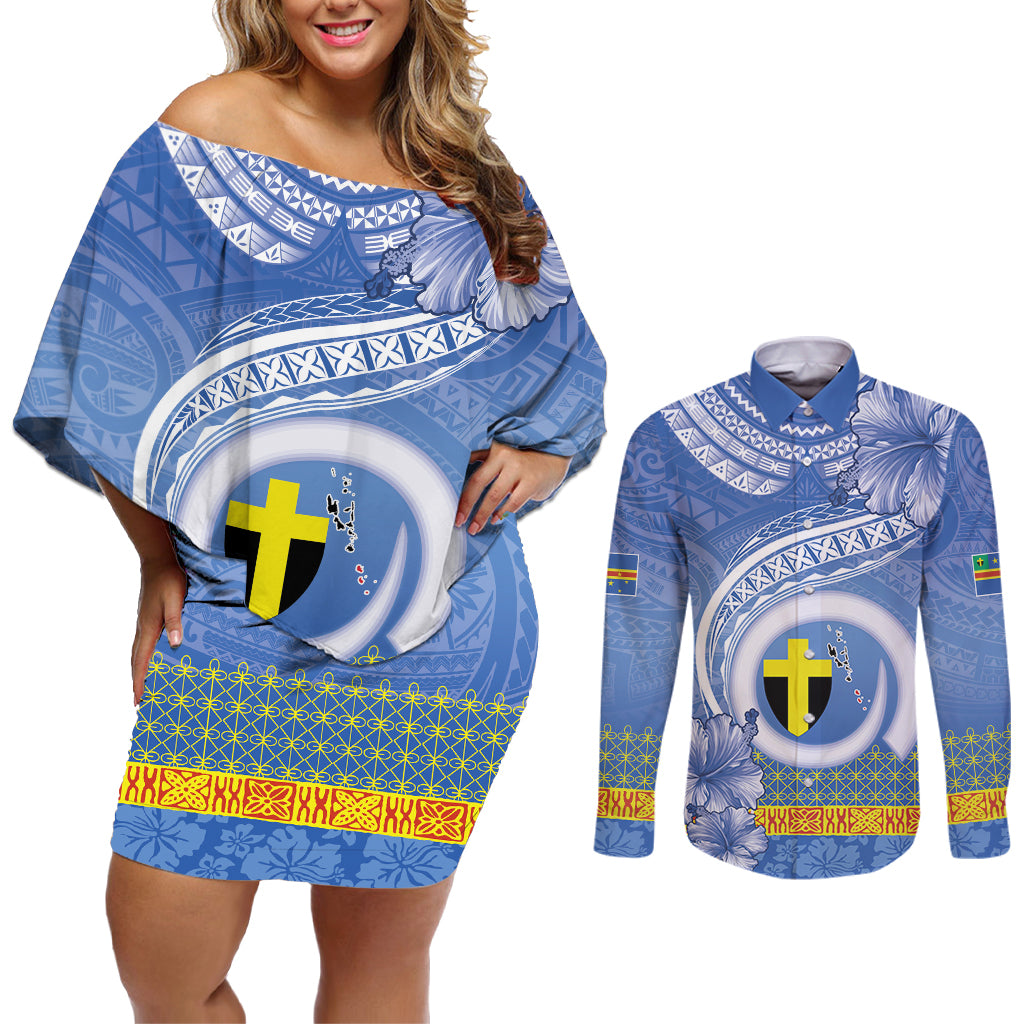 Tafea Vanuatu Couples Matching Off Shoulder Short Dress and Long Sleeve Button Shirt Hibiscus Sand Drawing with Pacific Pattern