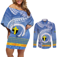 Tafea Vanuatu Couples Matching Off Shoulder Short Dress and Long Sleeve Button Shirt Hibiscus Sand Drawing with Pacific Pattern