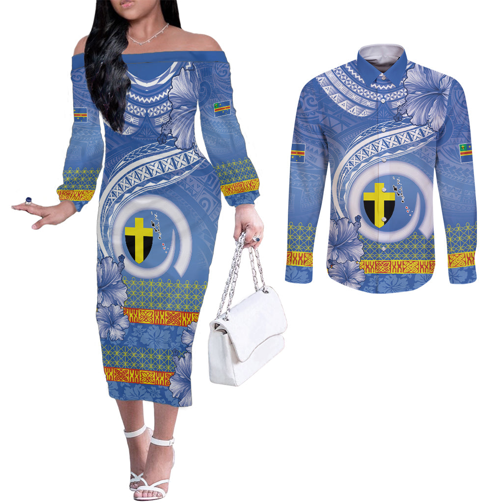 Tafea Vanuatu Couples Matching Off The Shoulder Long Sleeve Dress and Long Sleeve Button Shirt Hibiscus Sand Drawing with Pacific Pattern
