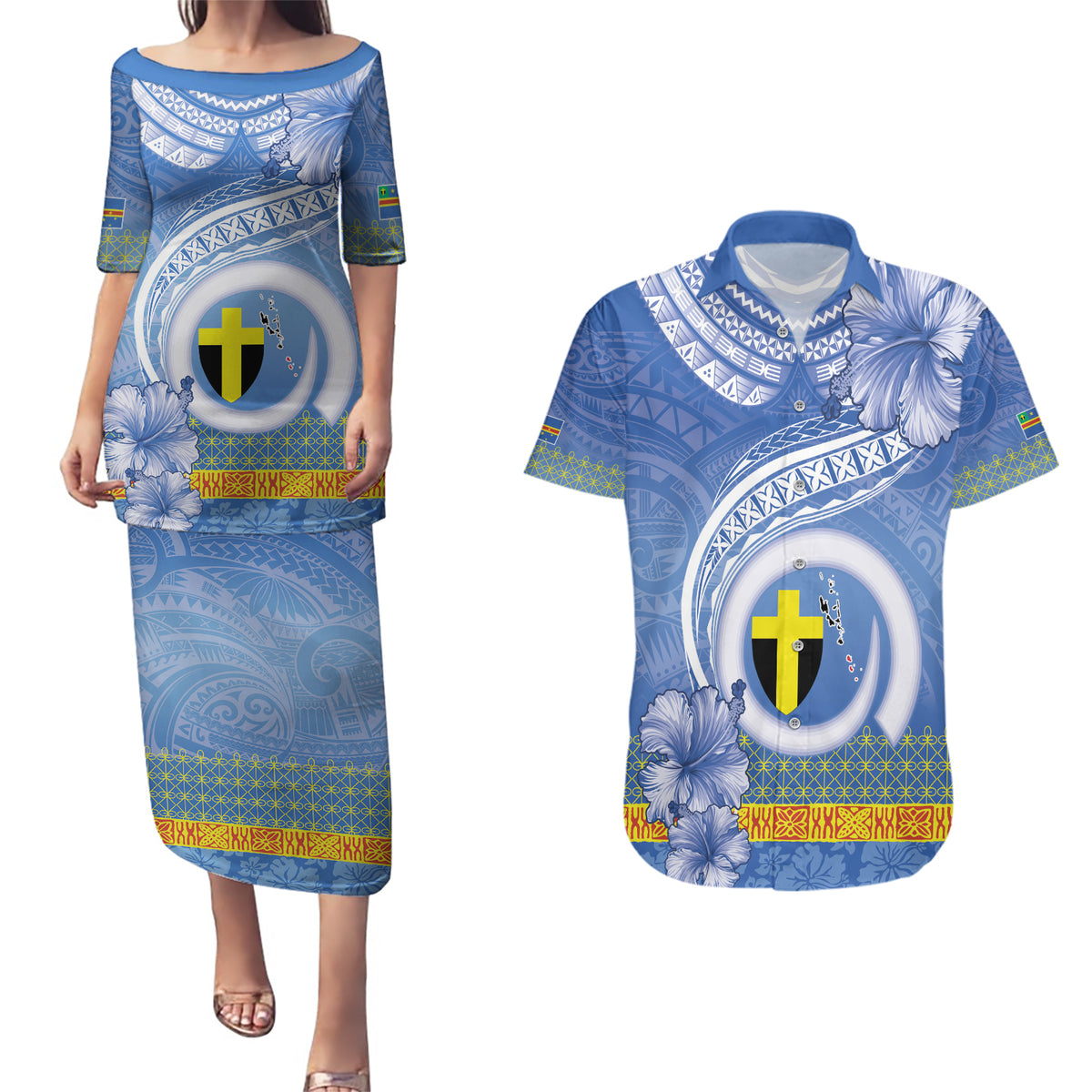 Tafea Vanuatu Couples Matching Puletasi and Hawaiian Shirt Hibiscus Sand Drawing with Pacific Pattern