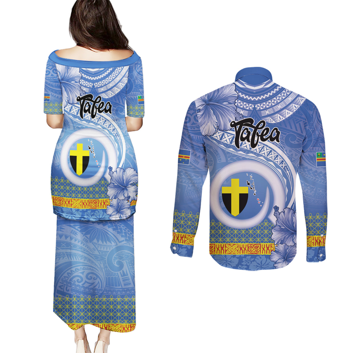 Tafea Vanuatu Couples Matching Puletasi and Long Sleeve Button Shirt Hibiscus Sand Drawing with Pacific Pattern