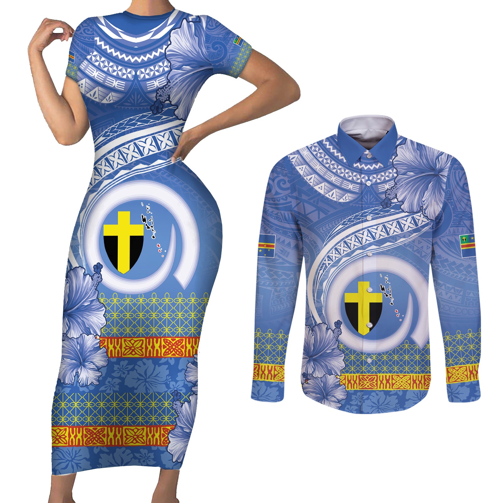 Tafea Vanuatu Couples Matching Short Sleeve Bodycon Dress and Long Sleeve Button Shirt Hibiscus Sand Drawing with Pacific Pattern