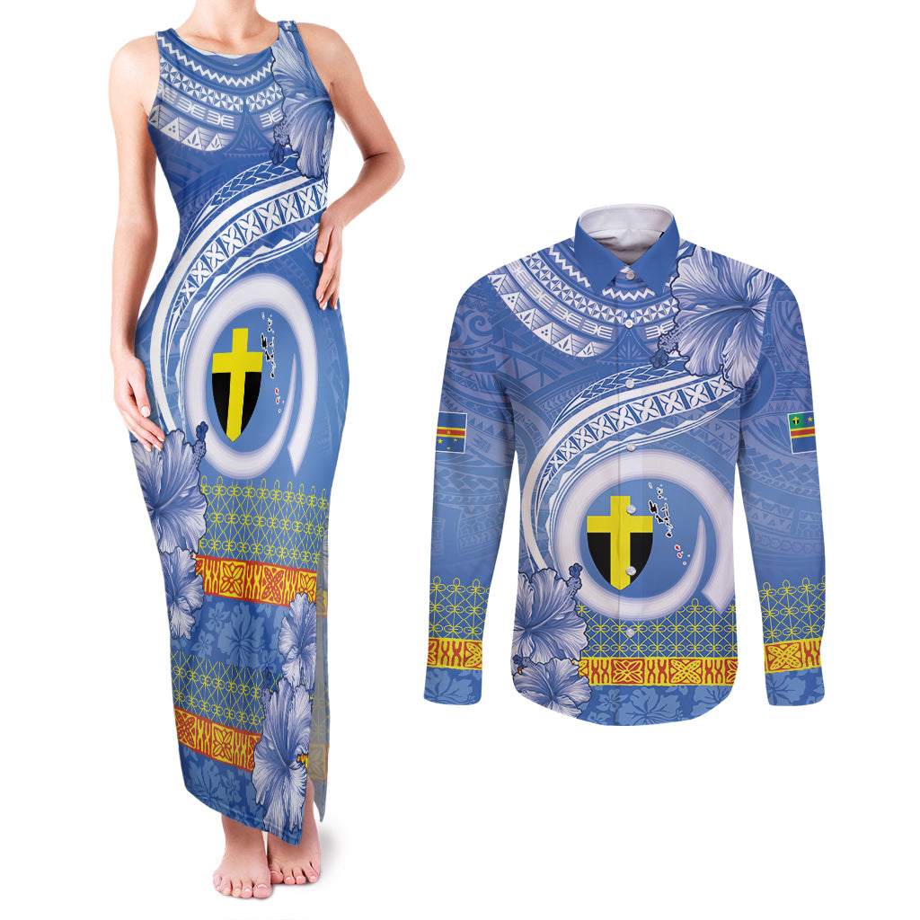Tafea Vanuatu Couples Matching Tank Maxi Dress and Long Sleeve Button Shirt Hibiscus Sand Drawing with Pacific Pattern