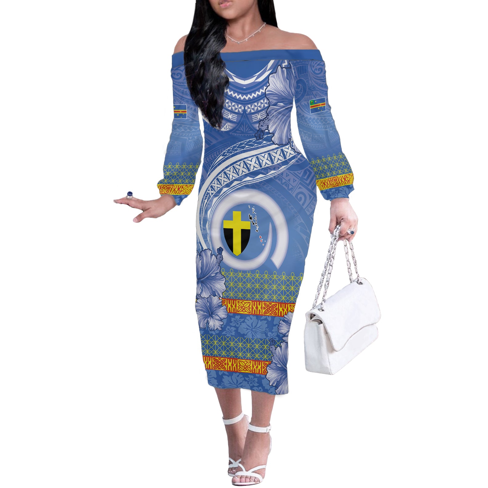 Tafea Vanuatu Off The Shoulder Long Sleeve Dress Hibiscus Sand Drawing with Pacific Pattern